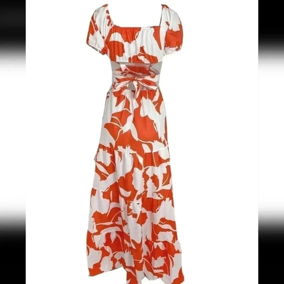 Graphic Print Off Shoulder Cut Out Waist Ruffle Hem Dress - Picture 2 of 3